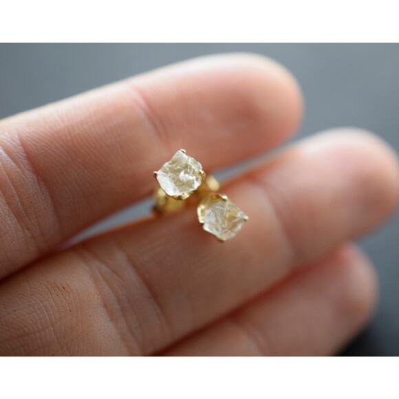 14k Raw Diamond Earrings, Gold Earrings, Bridal Studs, Rough Diamond Earrings - Picture 2 of 5
